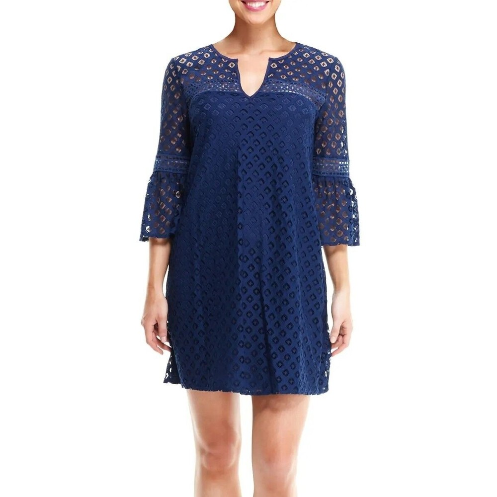 London Times Dress Women Size 4 Blue Eyelet Lace Babydoll Bell Sleeve